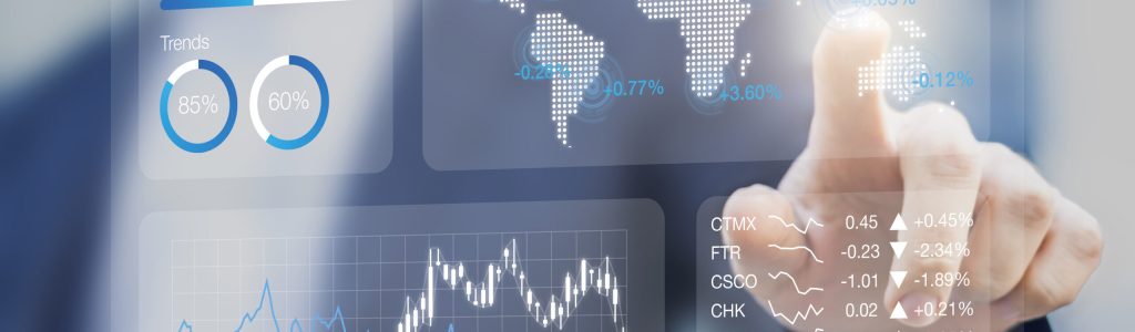 Financial dashboard with key performance indicators and charts analyzing stock market prices, businessman touching business portfolio kpi